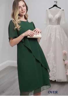 Knee Length Short Sleeve Mother of the Bride Dress with Beading and Ruffles