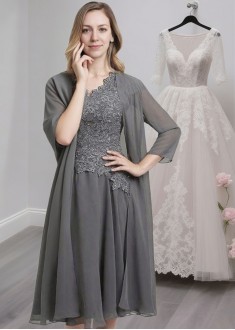 A-Line Chiffon Mother of the Bride Dress with V Neck, Short Sleeves & Jacket A-Line Chiffon Mother of the Bride Dress with V Neck, Short Sleeves & Jacket