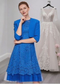 Blue Lace A-Line Mother of the Bride Dress with Jacket – Jewel Neck Knee-Length Blue Lace A-Line Mother of the Bride Dress with Jacket – Jewel Neck Knee-Length