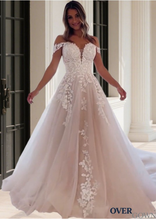 Princess Off-the-Shoulder Tulle Wedding Dress with Lace Appliques Princess Off-the-Shoulder Tulle Wedding Dress with Lace Appliques