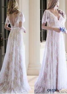 Sheath Wedding Dress with Lace Flowers and Buttons Back