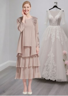 Tea-Length Chiffon Mother of the Bride Dress with Jacket and Appliqued Ruffles