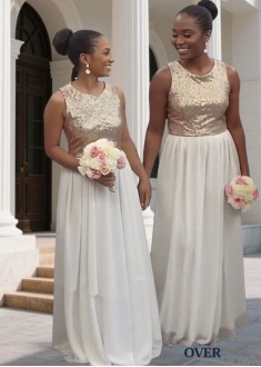 Sleeveless A Line Scoop Neck Sequined Chiffon Bridesmaid Dress In 